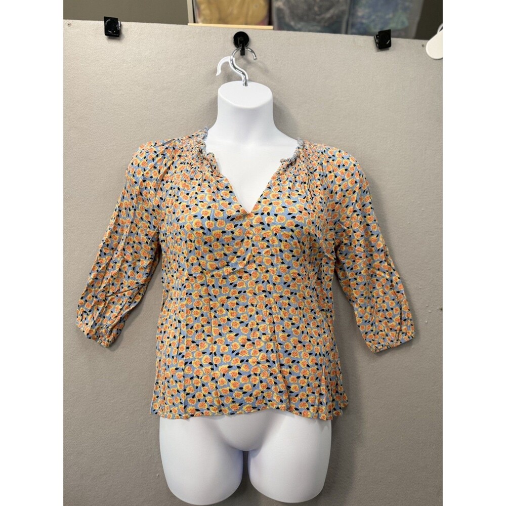 Bobeau Floral Peasant Top Blouse Womens XL Blue Orange Yellow V-Neck 3/4 Sleeve